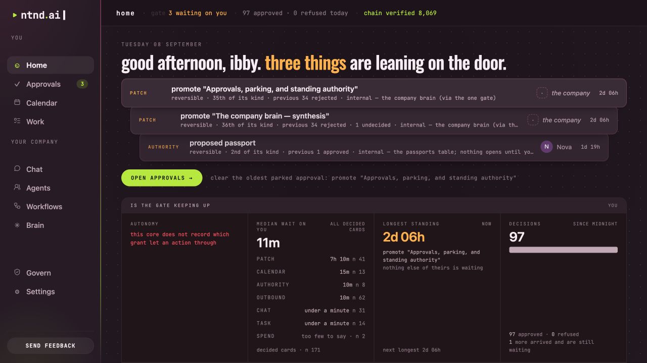 ntndOS Home: pending approvals, waiting times and daily decisions