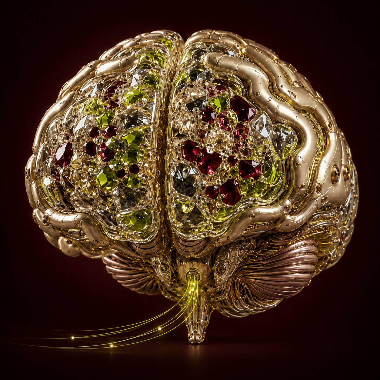 A jeweled company brain in sculpted gold, with white diamonds, burgundy rubies and luminous lime nerves meeting its central stem.