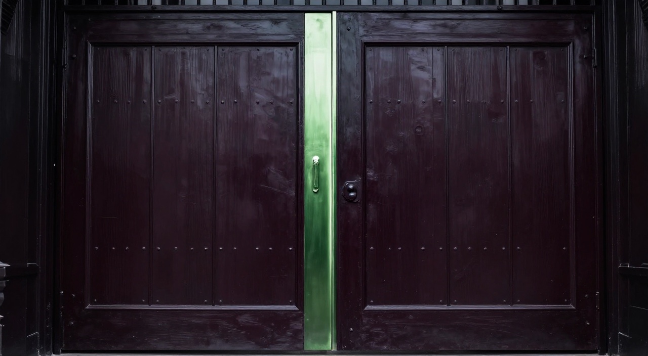 Burgundy doors with a narrow lime-lit opening