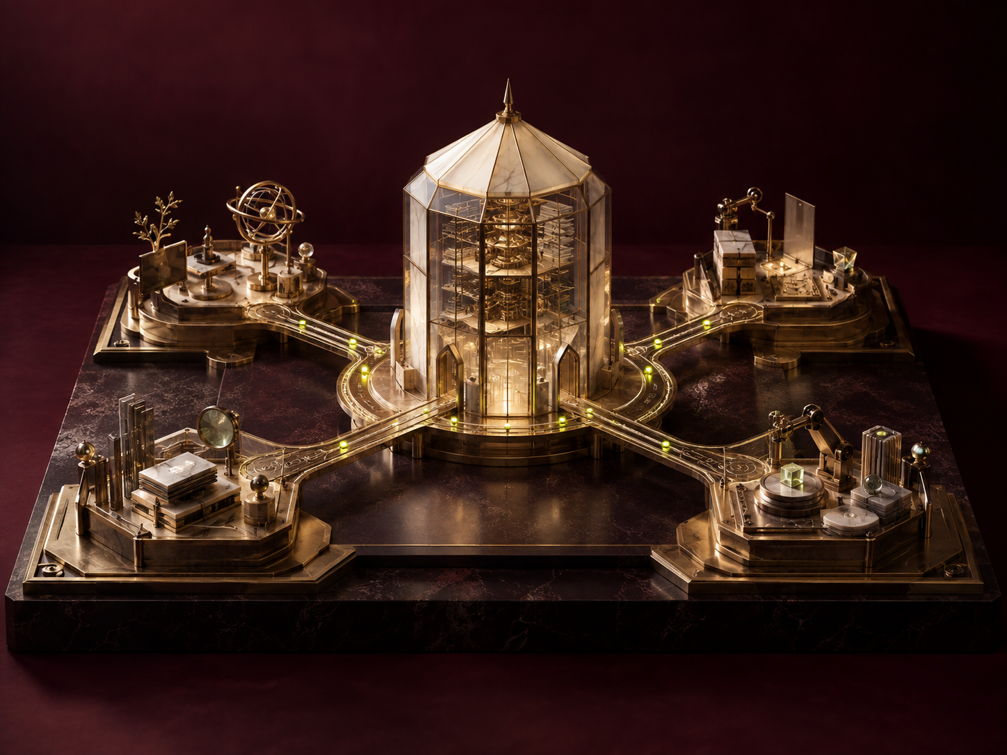 An architectural company model with four workstations connected through a central knowledge archive